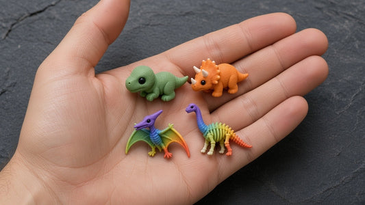 Four Dino Dig figures in an open hand to show size (AI-generated preview)