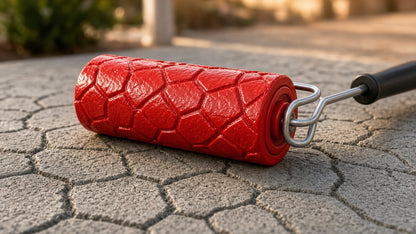 Red 9-inch concrete texture stamp roller on a frame resting on freshly textured concrete