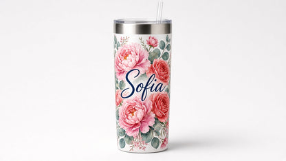 Custom UV printed 30oz skinny tumbler with a personalized name and pink watercolor florals