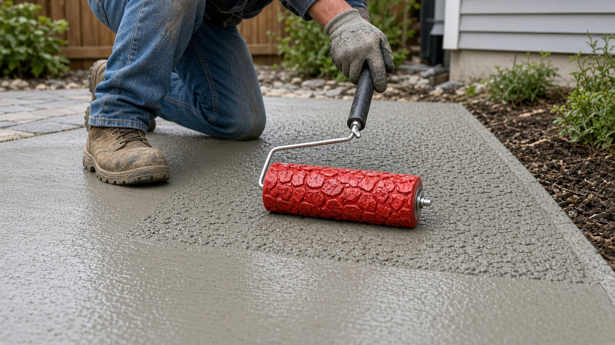 Contractor rolling a red texture stamp roller across a fresh concrete walkway