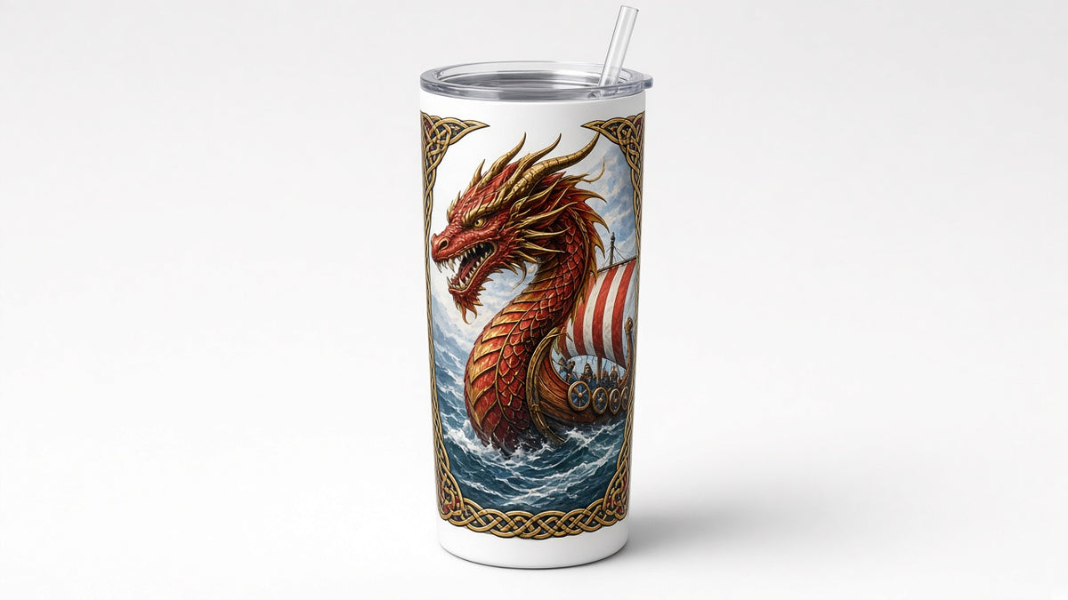 UV printed skinny tumbler with a red and gold Norse dragon, Viking longship and knotwork border