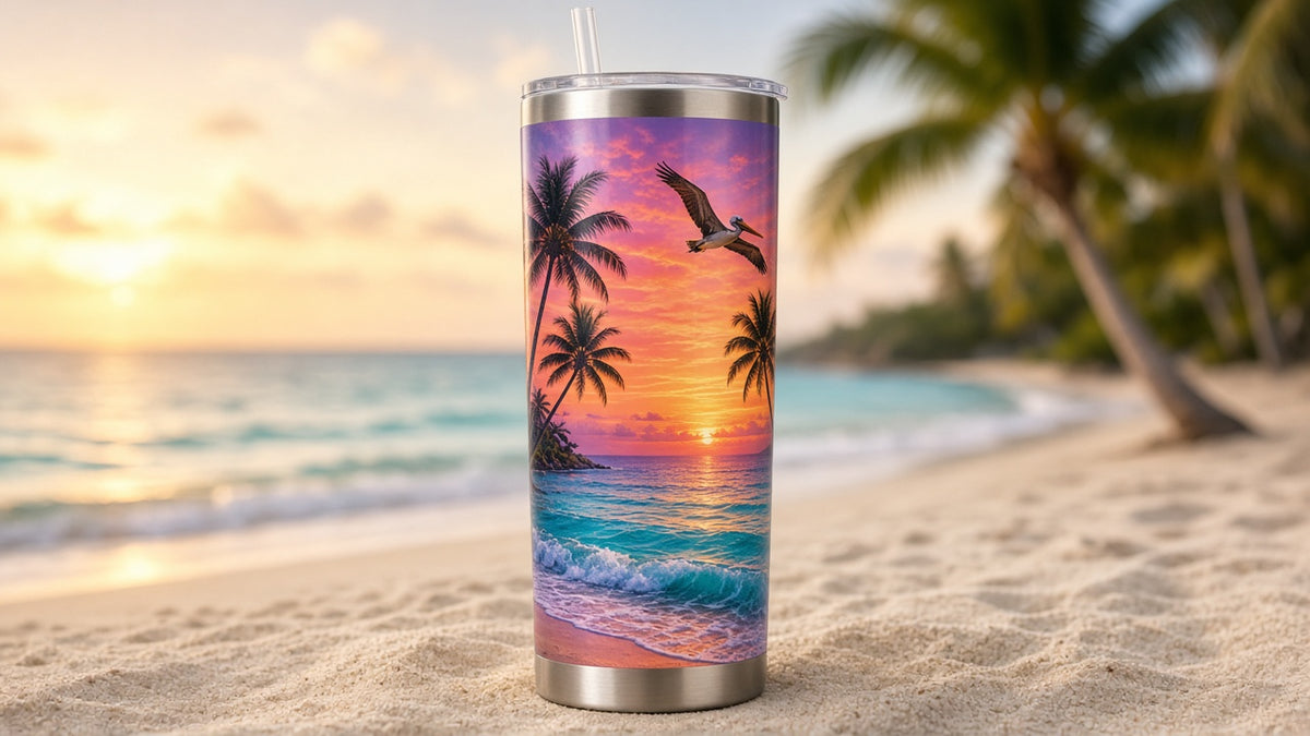 30oz tumbler UV printed with a tropical beach sunset, palm trees and pelican