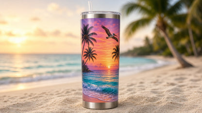 30oz tumbler UV printed with a tropical beach sunset, palm trees and pelican
