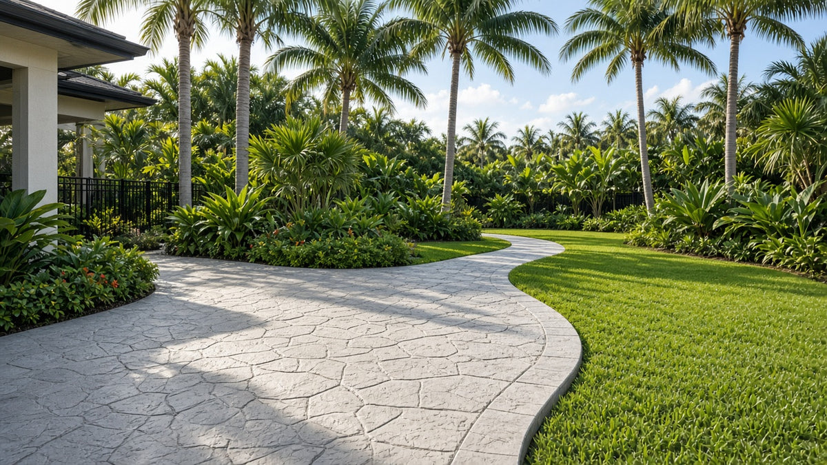 Finished textured concrete patio and walkway in a tropical backyard
