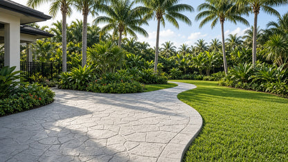Finished textured concrete patio and walkway in a tropical backyard