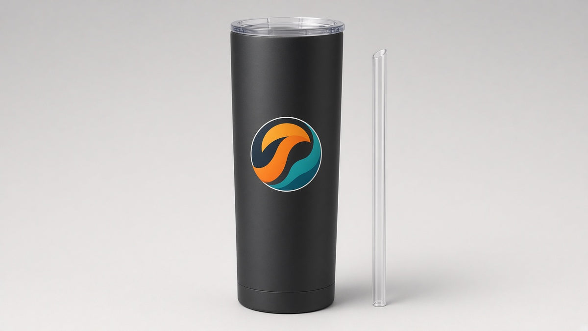 Black skinny tumbler with a full-color UV printed custom business logo