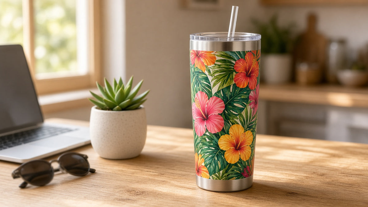 UV printed hibiscus tumbler on a wooden table next to a laptop and succulent