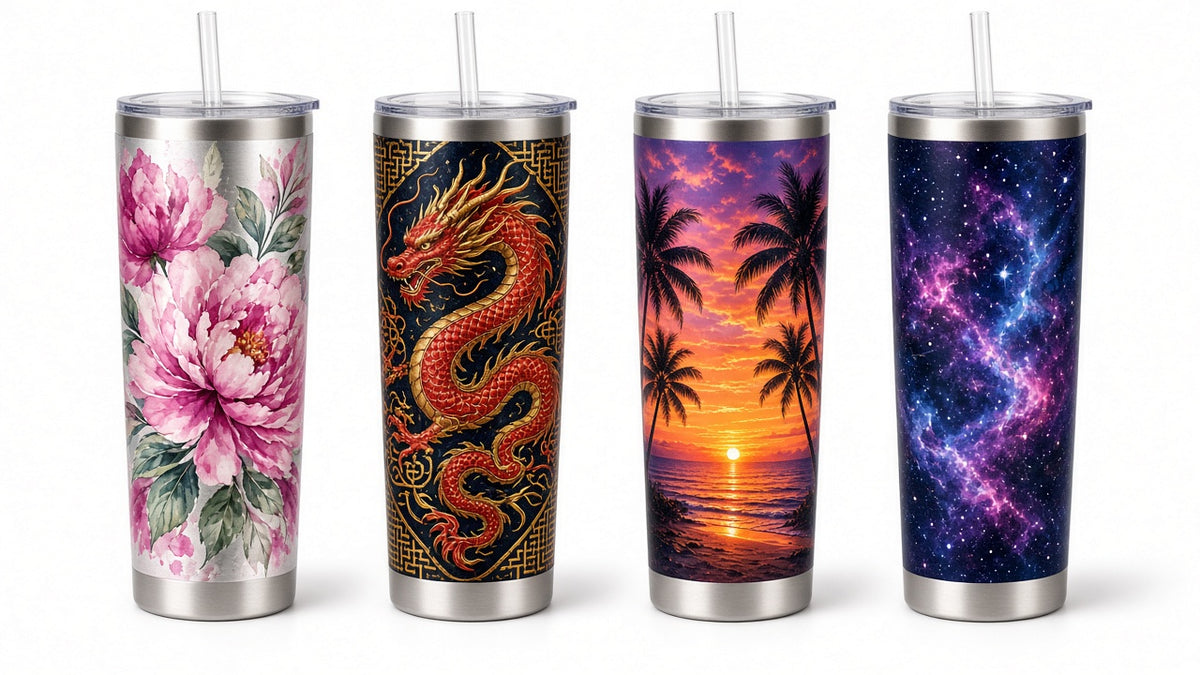 Four custom UV printed 30oz skinny tumblers: florals, dragon, beach sunset and galaxy designs