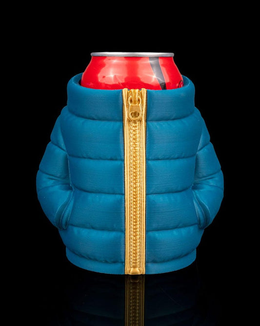 Puffer jacket soda can holder