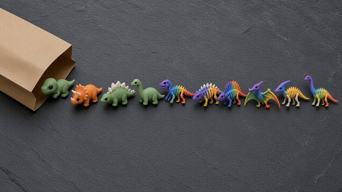 All ten Dino Dig figures spilling out of a kraft bag in a line on dark slate (AI-generated preview)