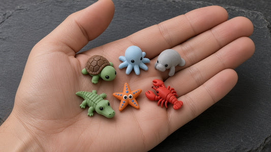Six tiny printed reef critters from the Florida Reef 10-Pack in an open hand (AI-generated preview)