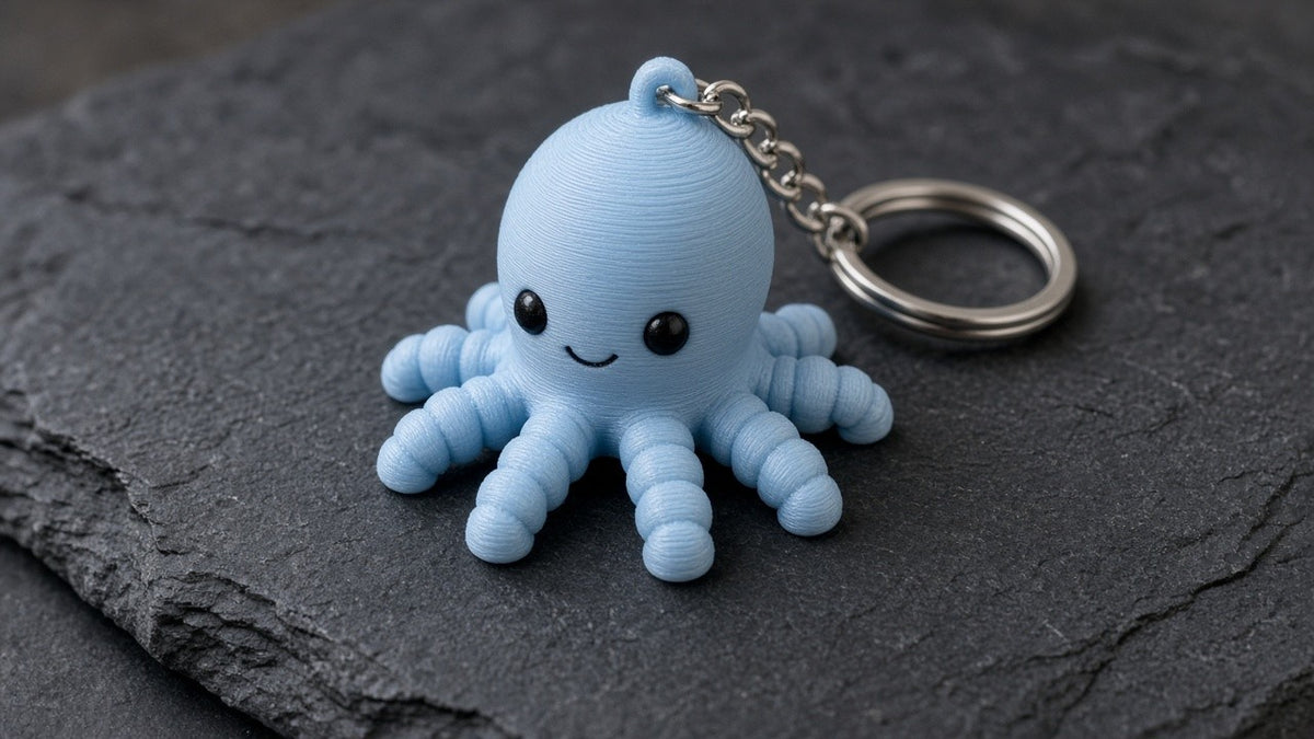 3D-printed PLA octopus keychain with metal keyring (AI-generated preview)