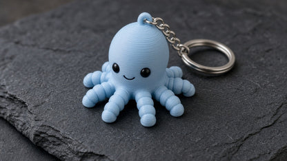 3D-printed PLA octopus keychain with metal keyring (AI-generated preview)