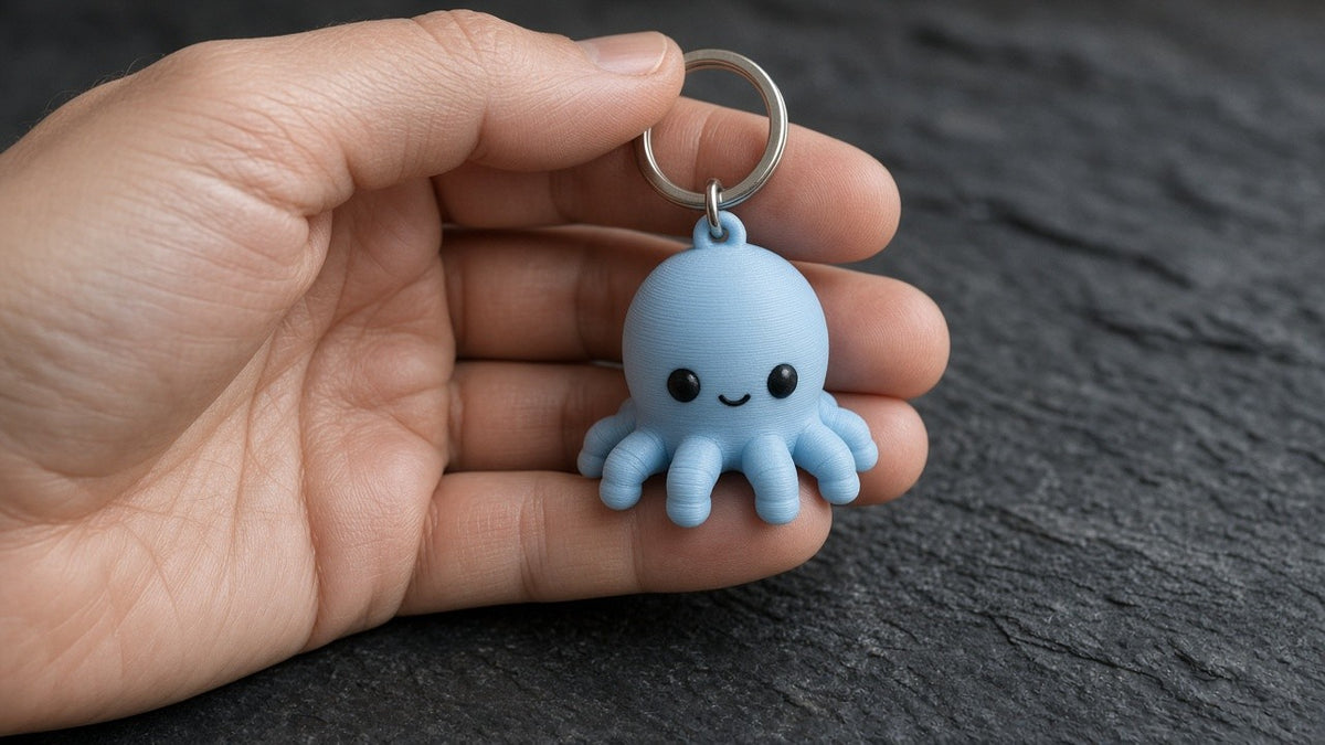 Octopus keychain held in an open hand to show its roughly 3 cm size (AI-generated preview)