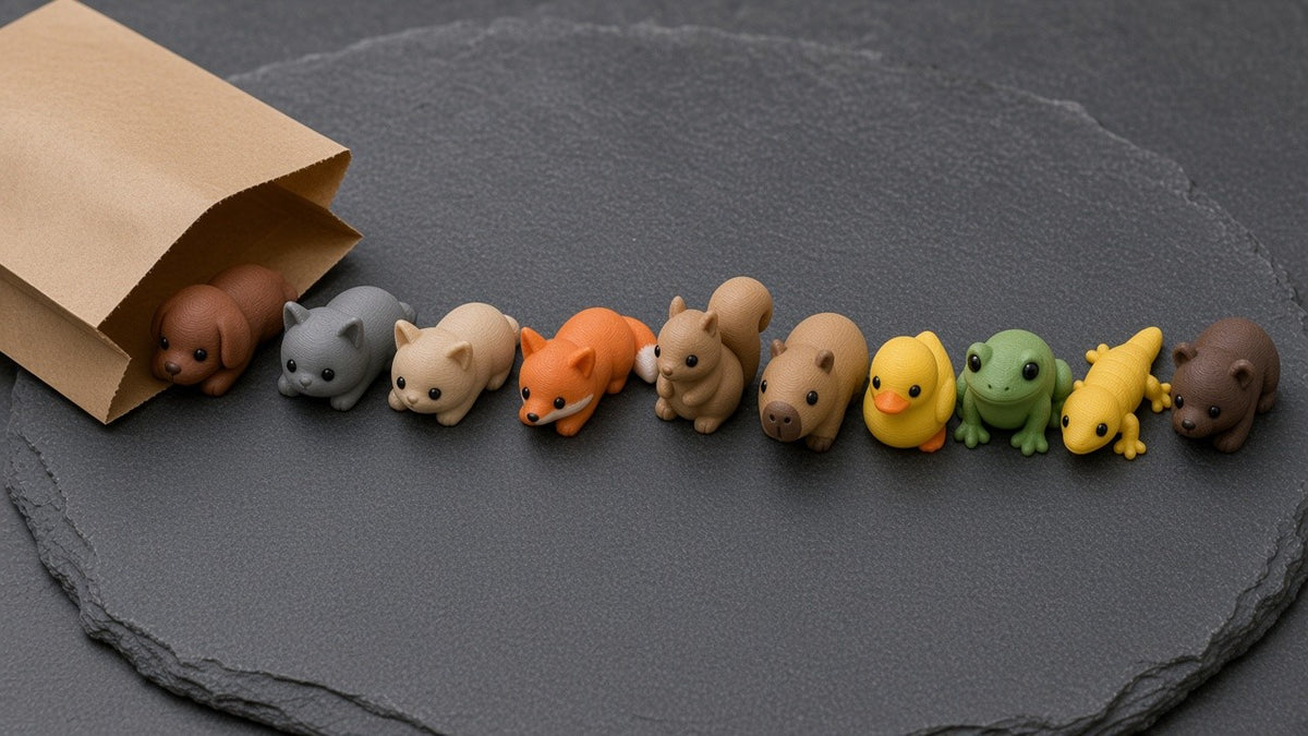 Ten Pet Pals figures spilling out of a kraft bag on dark slate (AI-generated preview)