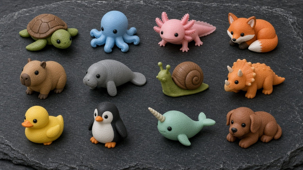 Twelve of the tiny critters you can pick, laid out in a grid on dark slate (AI-generated preview)